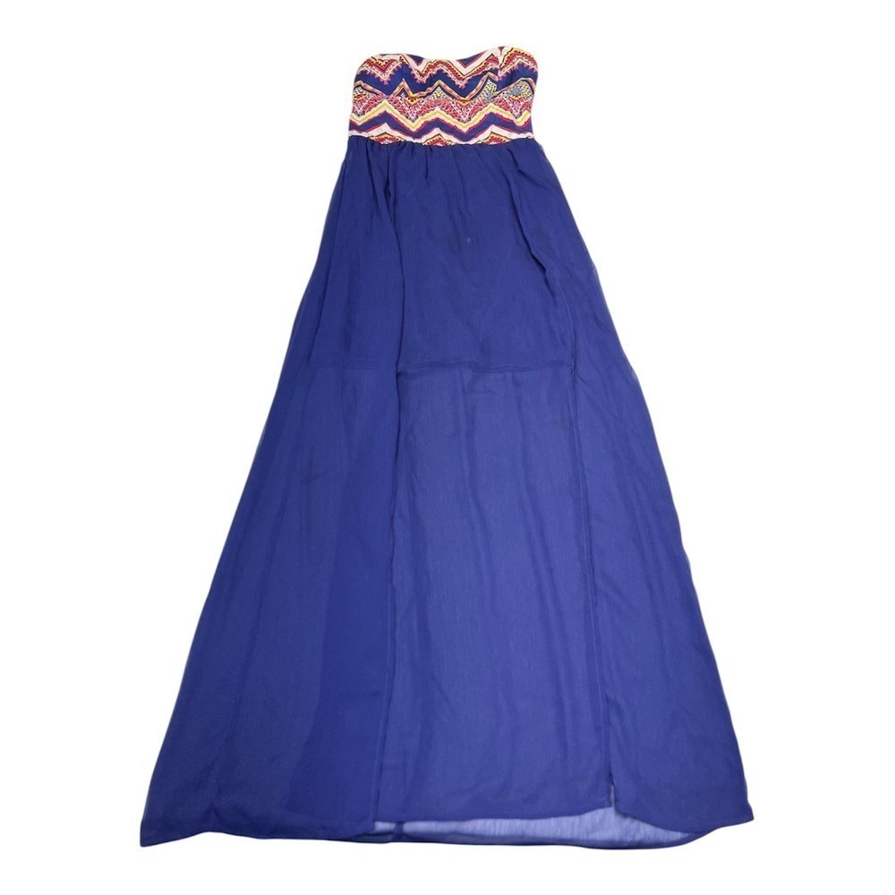 Xhilaration Womens Small Strapless Maxi Dress Blue Chevron Boho Sundress
